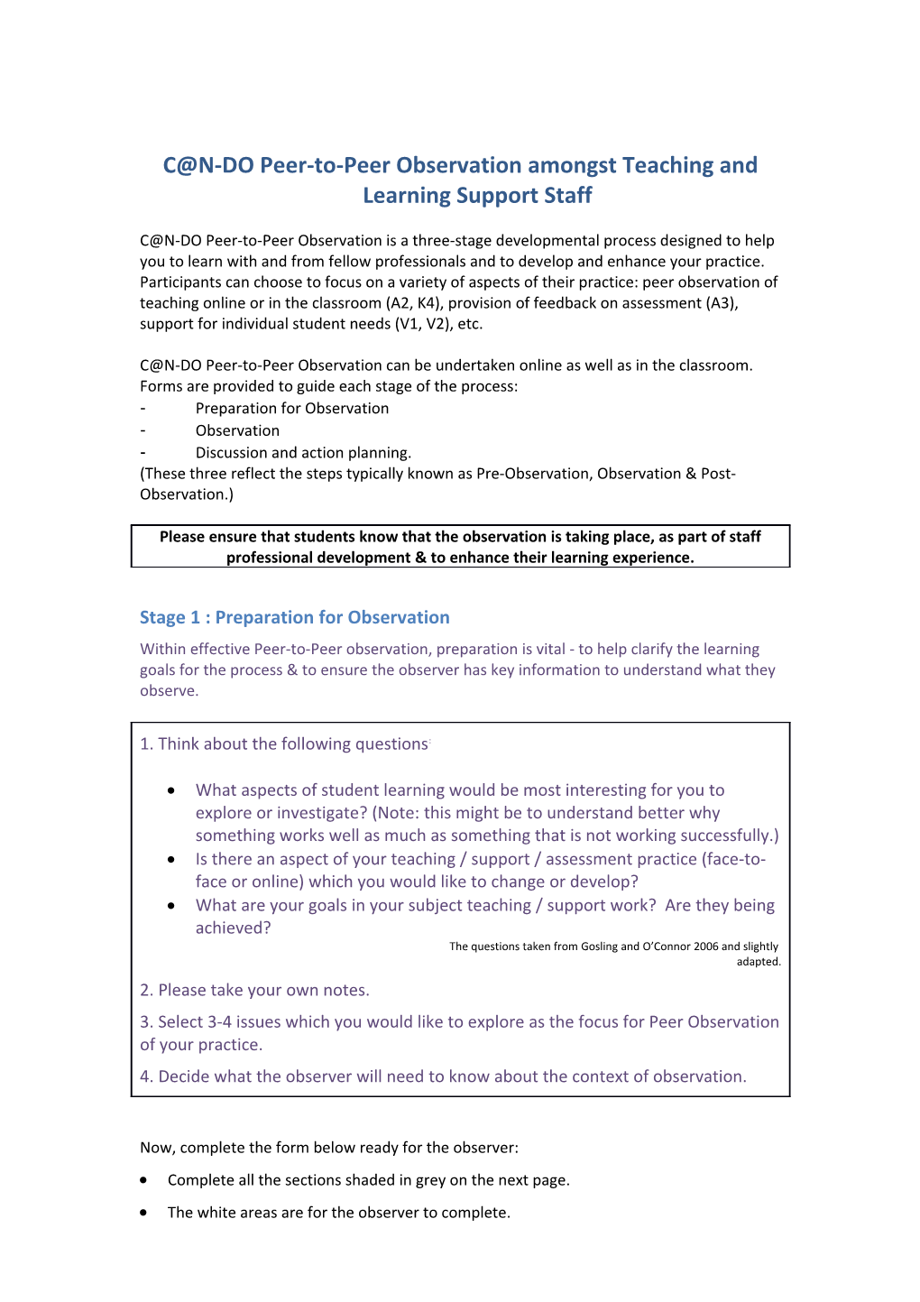 C N-DO Peer-To-Peer Observation Amongst Teaching and Learning Support Staff