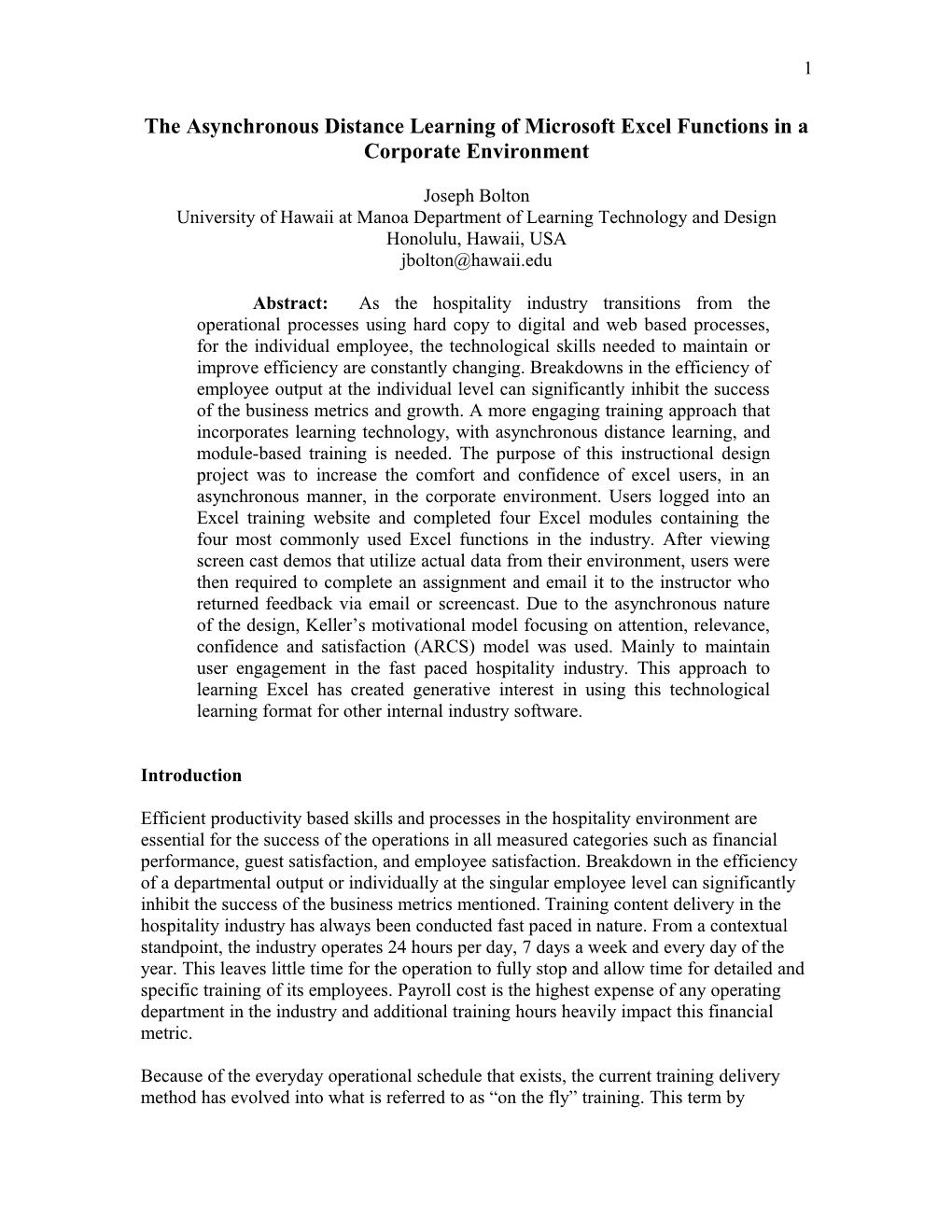 The Asynchronous Distance Learning of Microsoft Excel Functions in a Corporate Environment