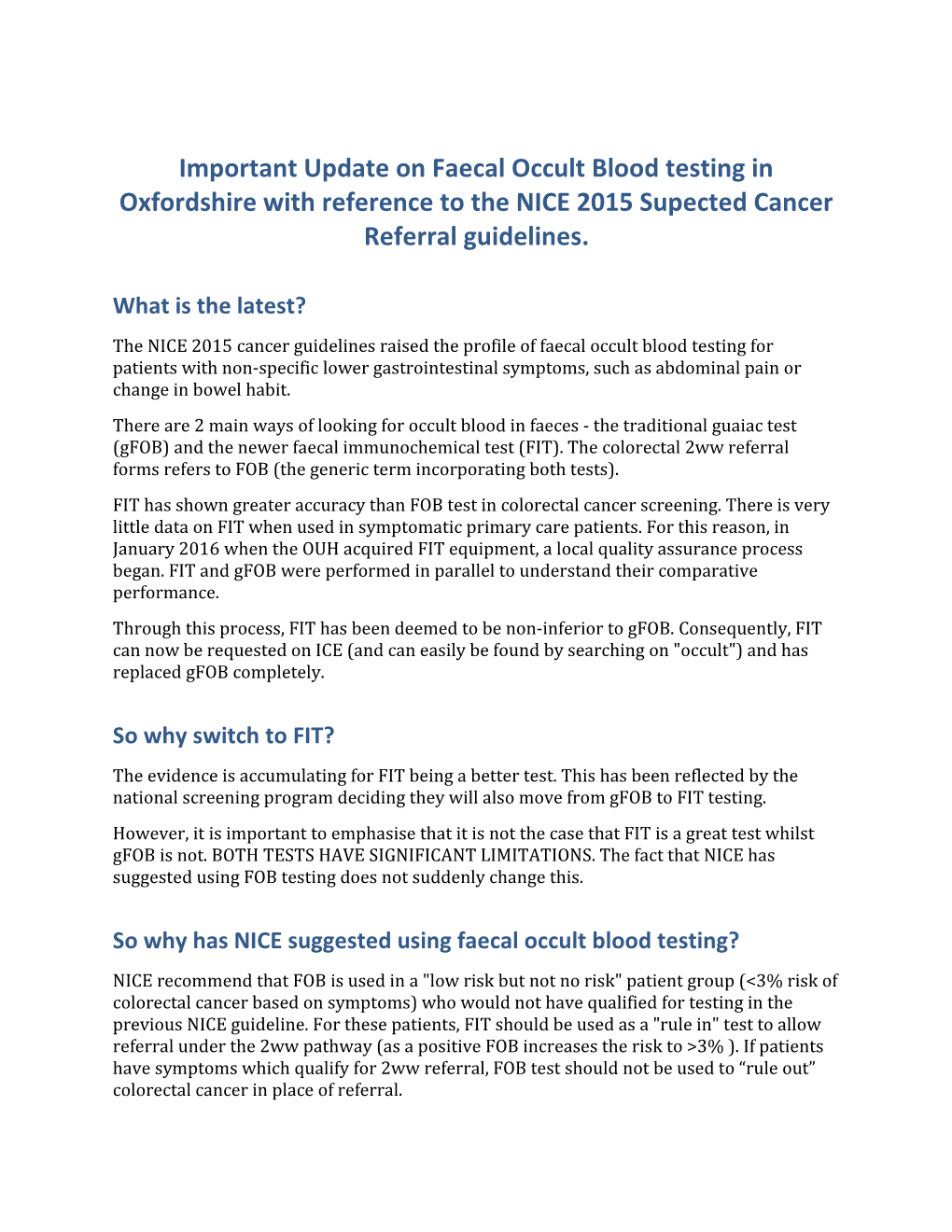 Important Update on Faecal Occult Blood Testing in Oxfordshire with Reference to the NICE