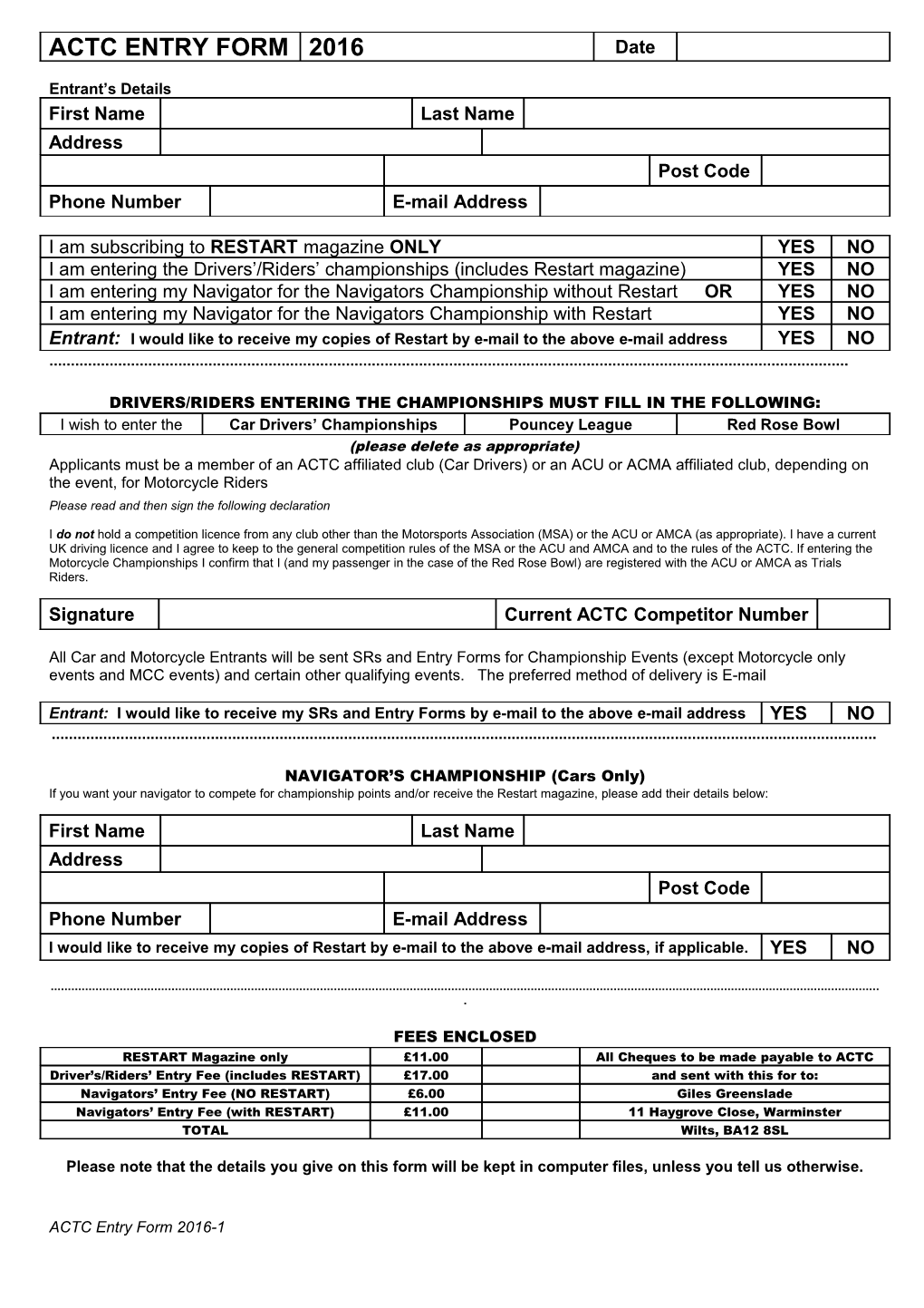Actc Entry Form