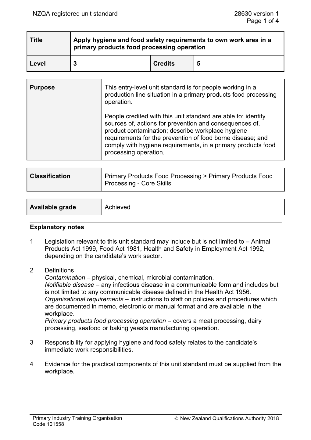 28630 Apply Hygiene and Food Safety Requirements to Own Work Area in a Primary Products