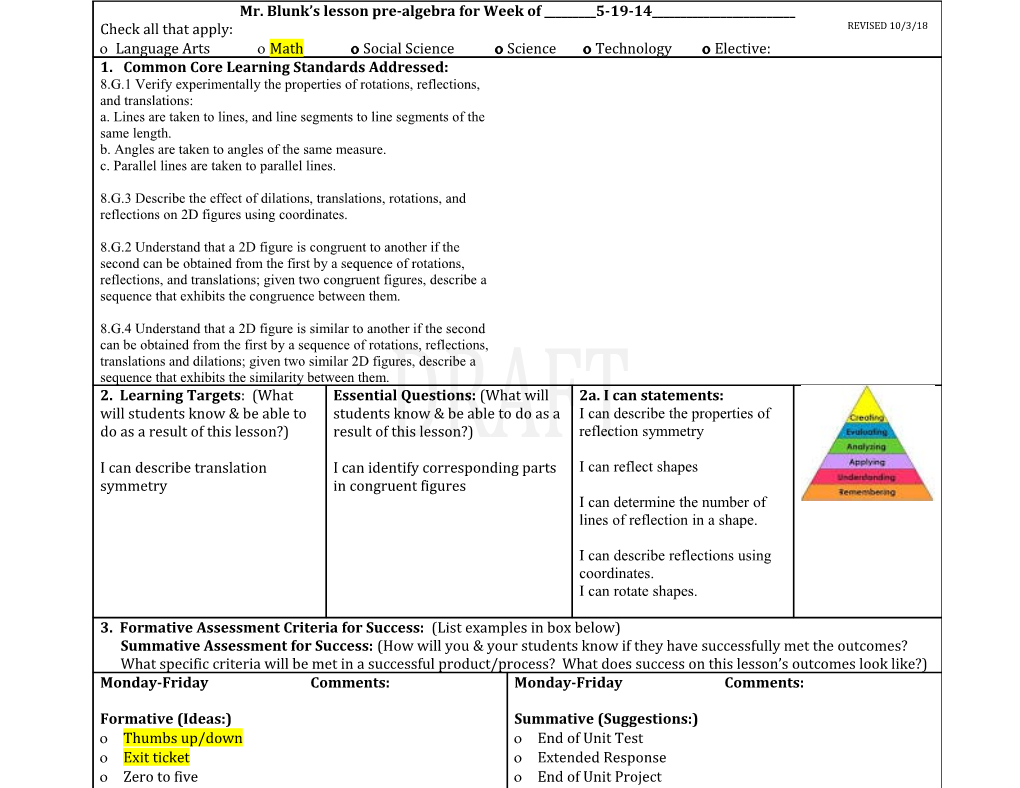 Common Core Learning Standards Addressed