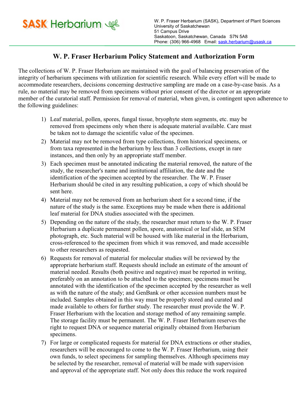 W. P. Fraser Herbarium Policy Statement and Authorization Form