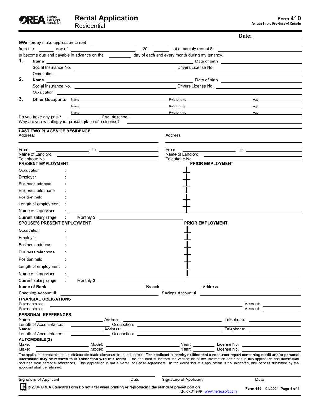 Form 410 - Rental Application