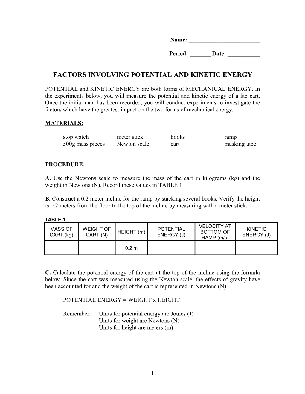 Factors Involving Potential and Kinetic Energy