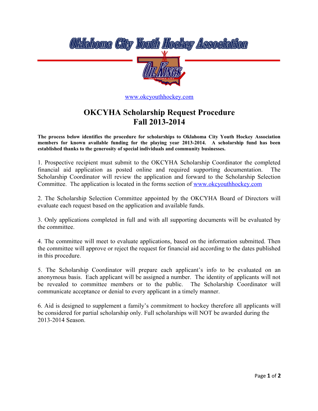 OKCYHA Scholarship Request Procedure