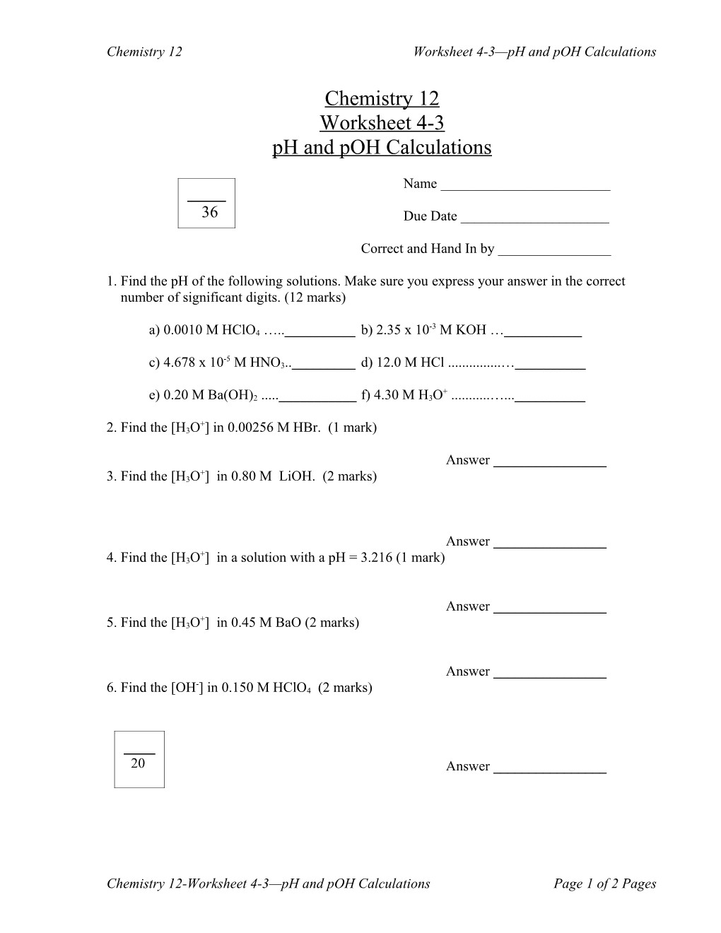 Chemistry 12Worksheet 4-3 Ph and Poh Calculations