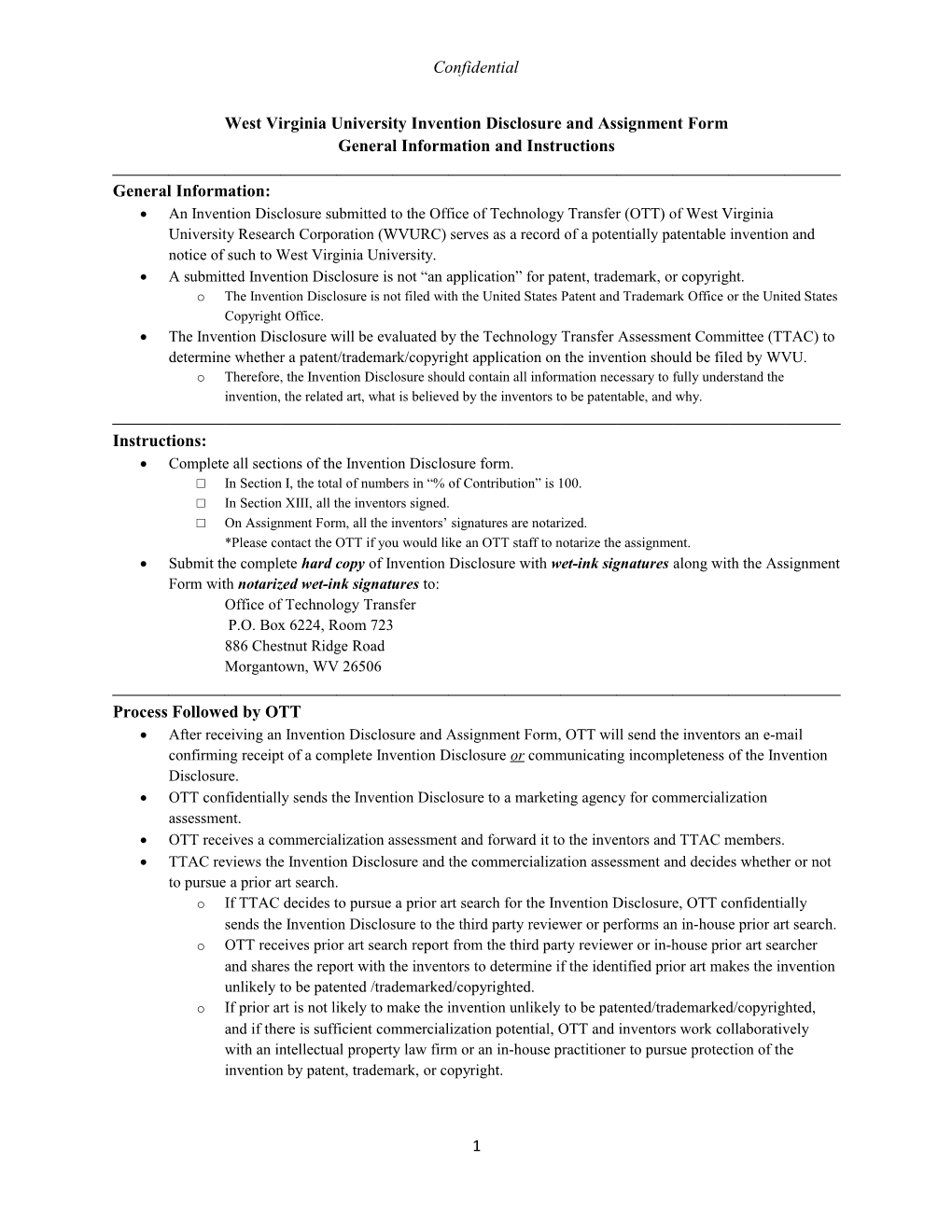 West Virginia University Invention Disclosure and Assignment Form