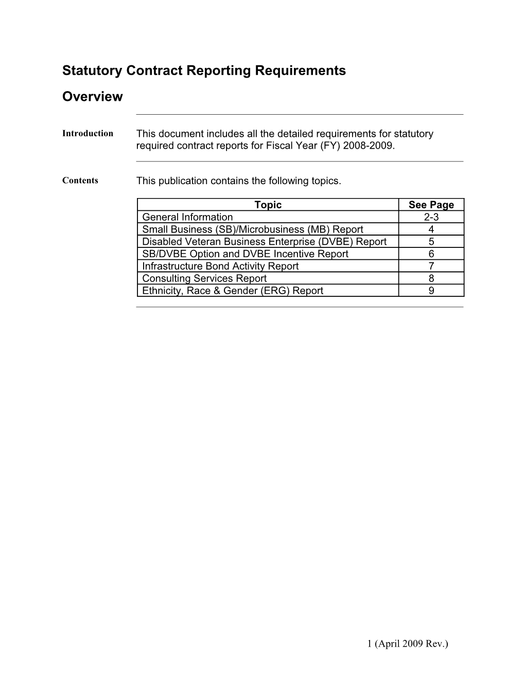 Statutory Contract Reporting Requirements FY 2008-2009