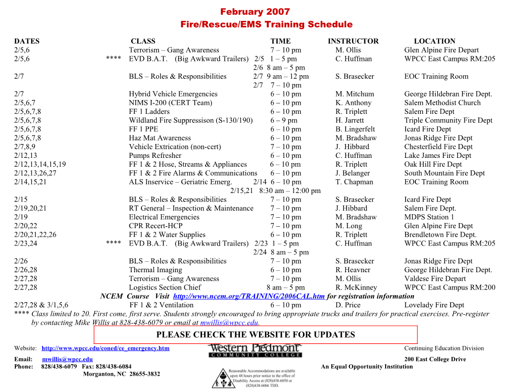 Fire/Rescue/EMS Training Schedule