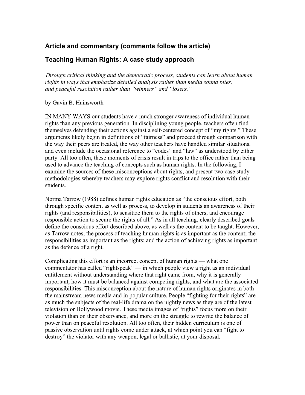 Teaching Human Rights: a Case Study Approach