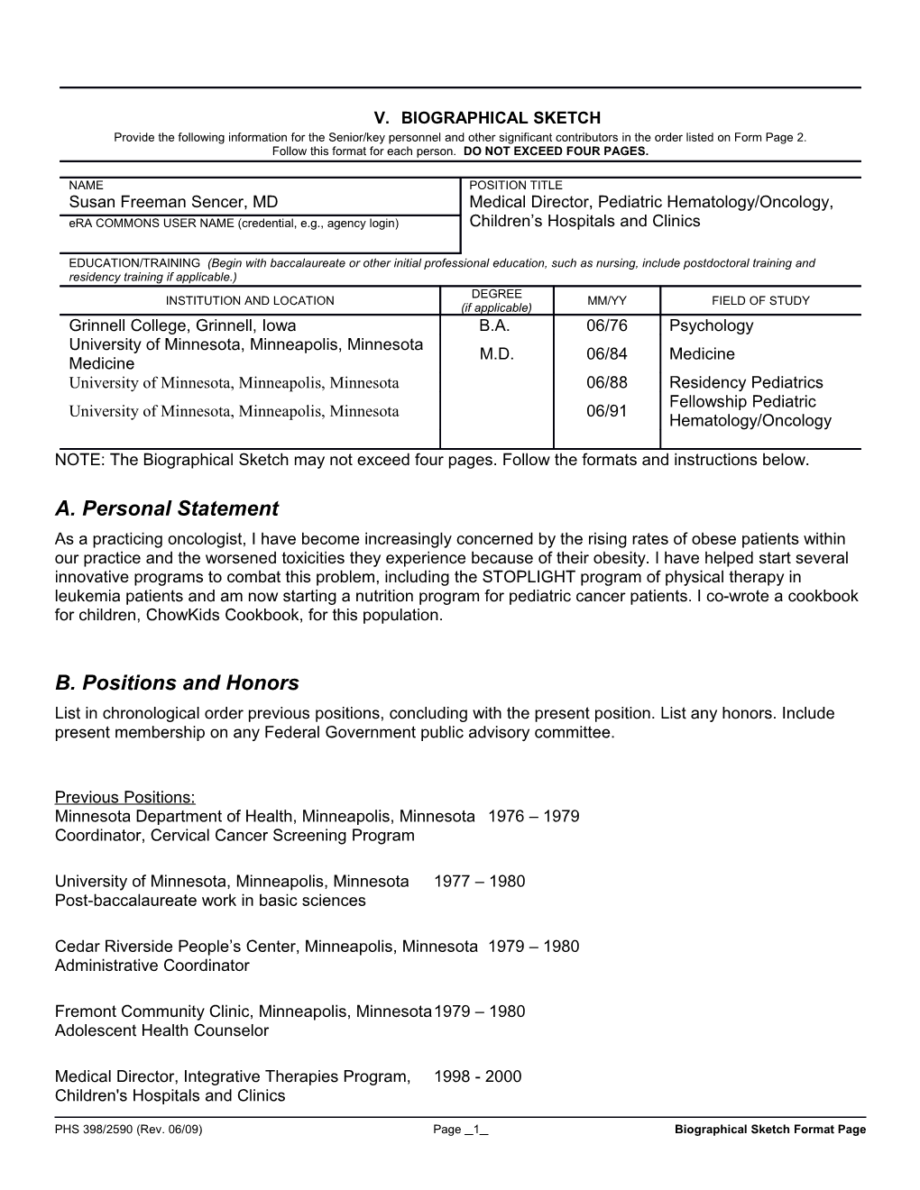 PHS 398/2590 (Rev. 06/09), Biographical Sketch Format Page