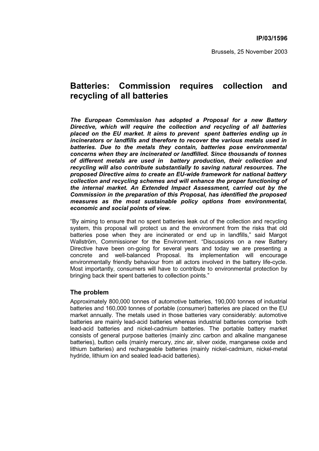 Batteries: Commission Requires Collection and Recycling of All Batteries