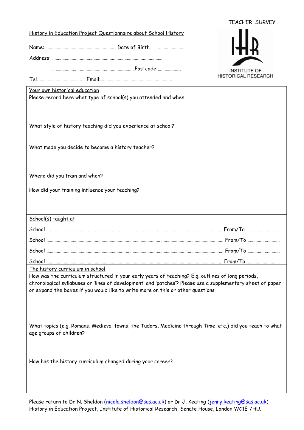 History in Education Project Questionnaire About School History