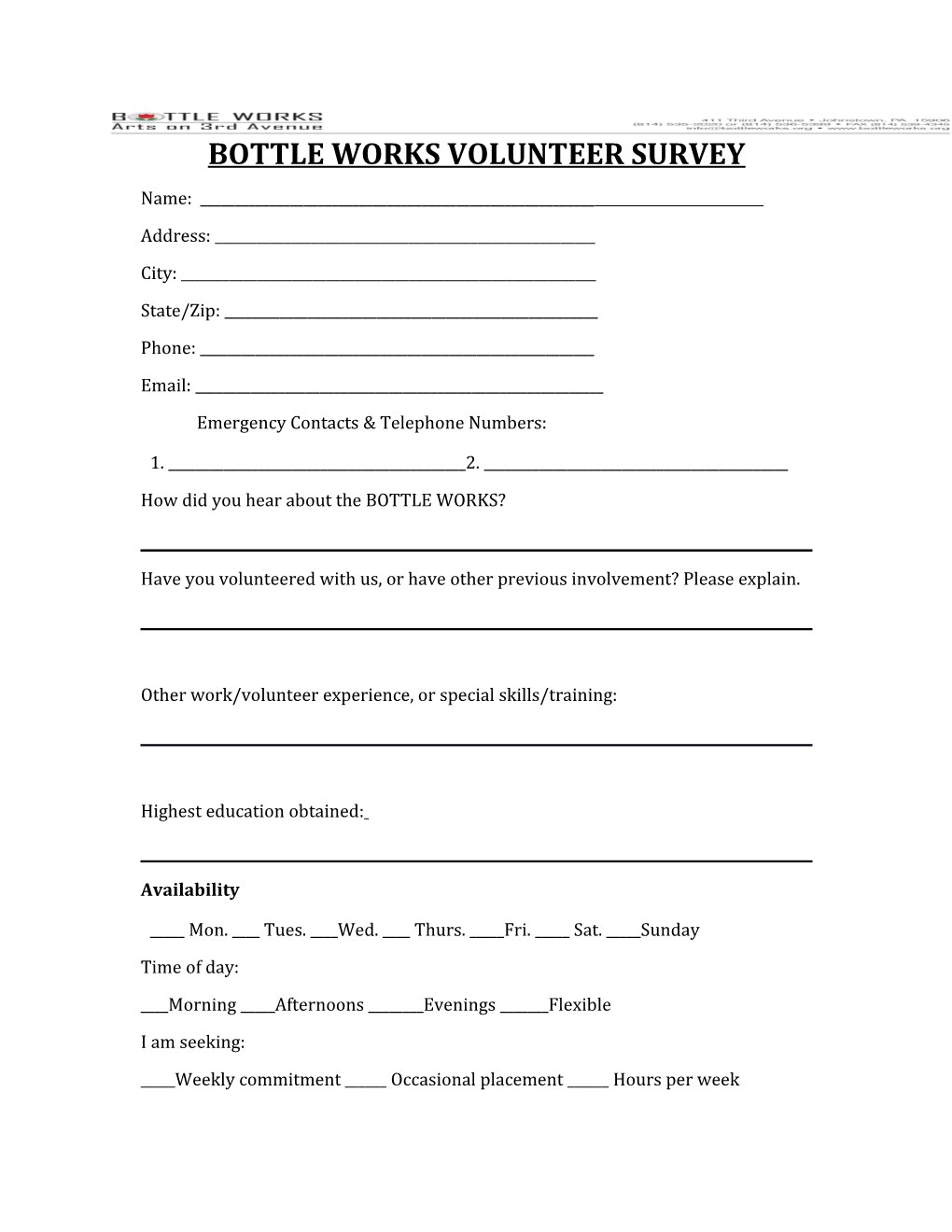 Bottle Works Volunteer Survey