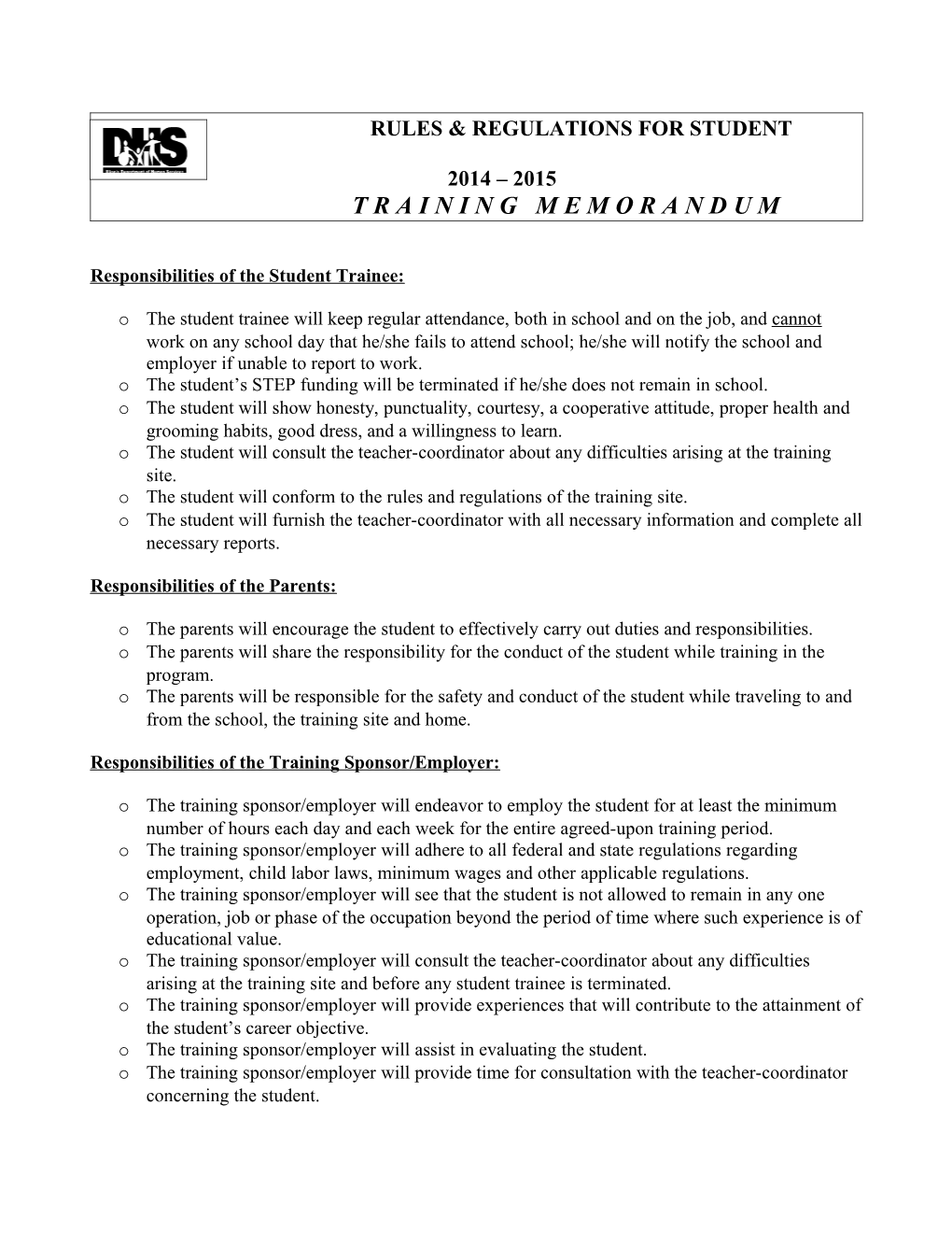 Rules & Regulations for Student Trainee