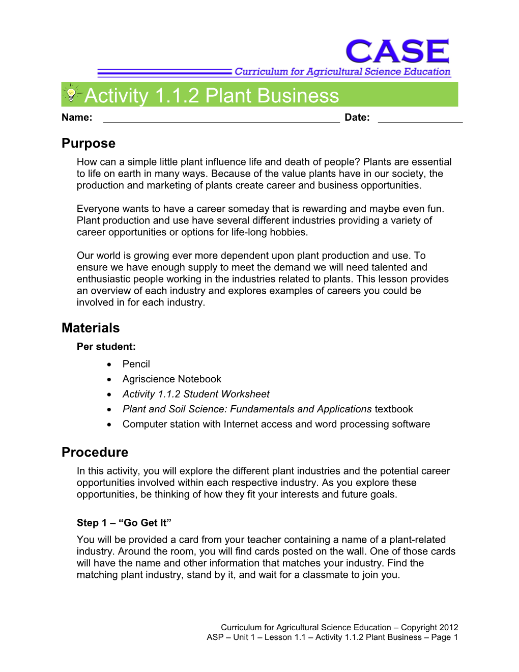 Activity 1.1.2 Plant Business