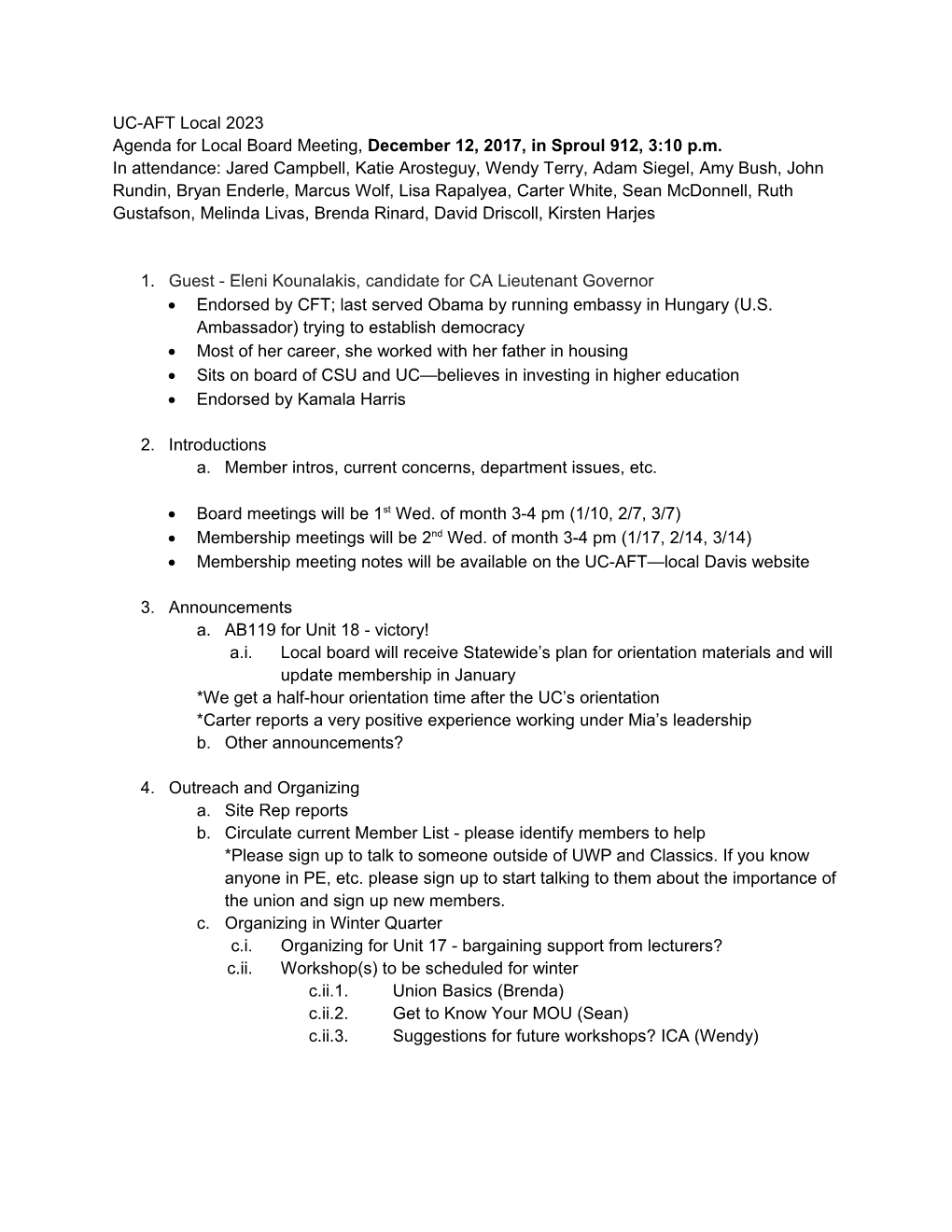 Agenda for Local Board Meeting, December 12, 2017, in Sproul 912, 3:10 P.M