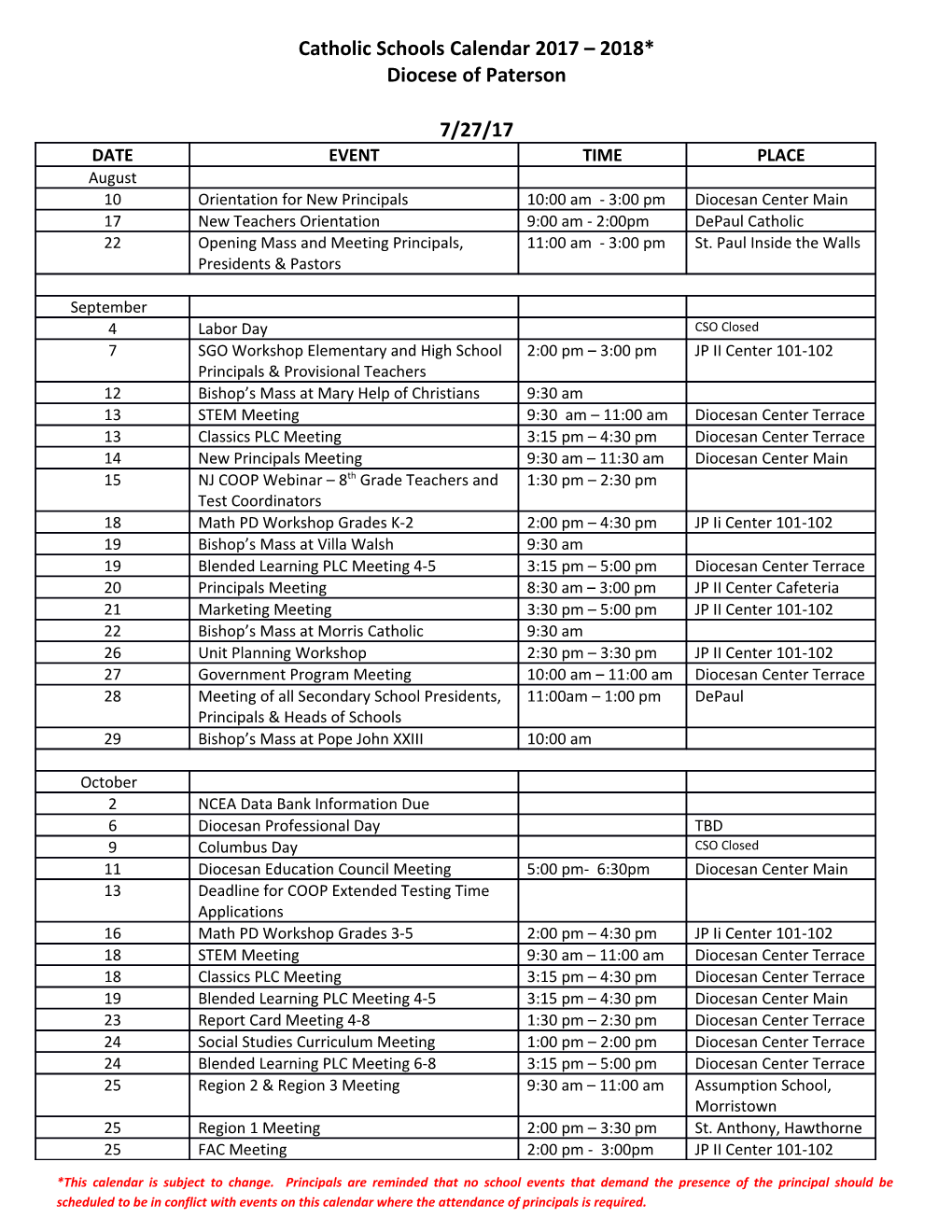 Catholic Schools Calendar 2017 2018*