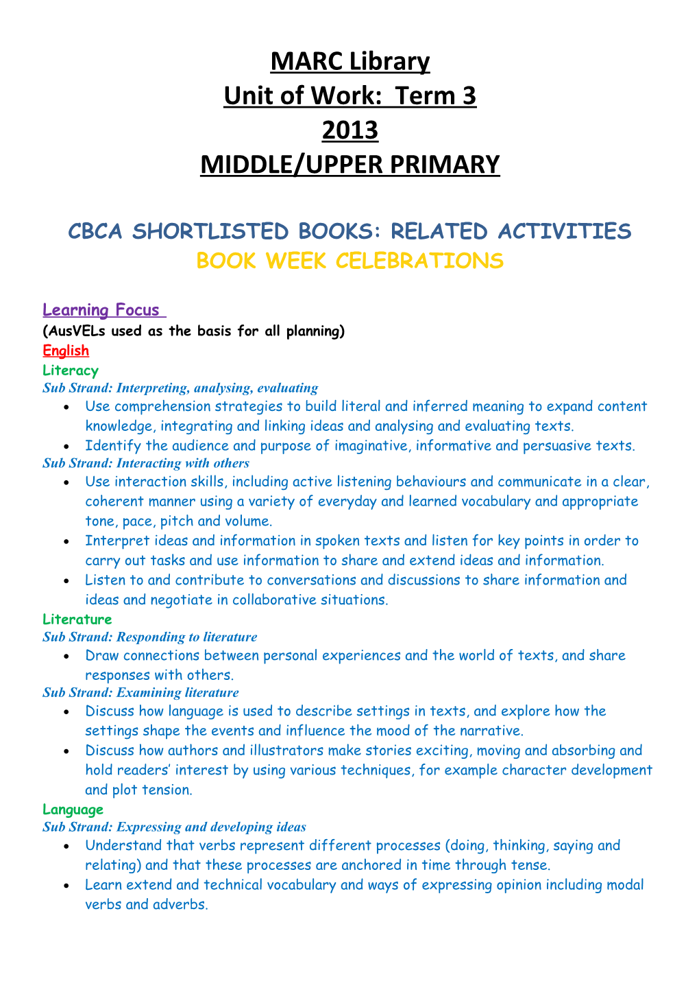 Cbca Shortlisted Books: Related Activities Book Week Celebrations