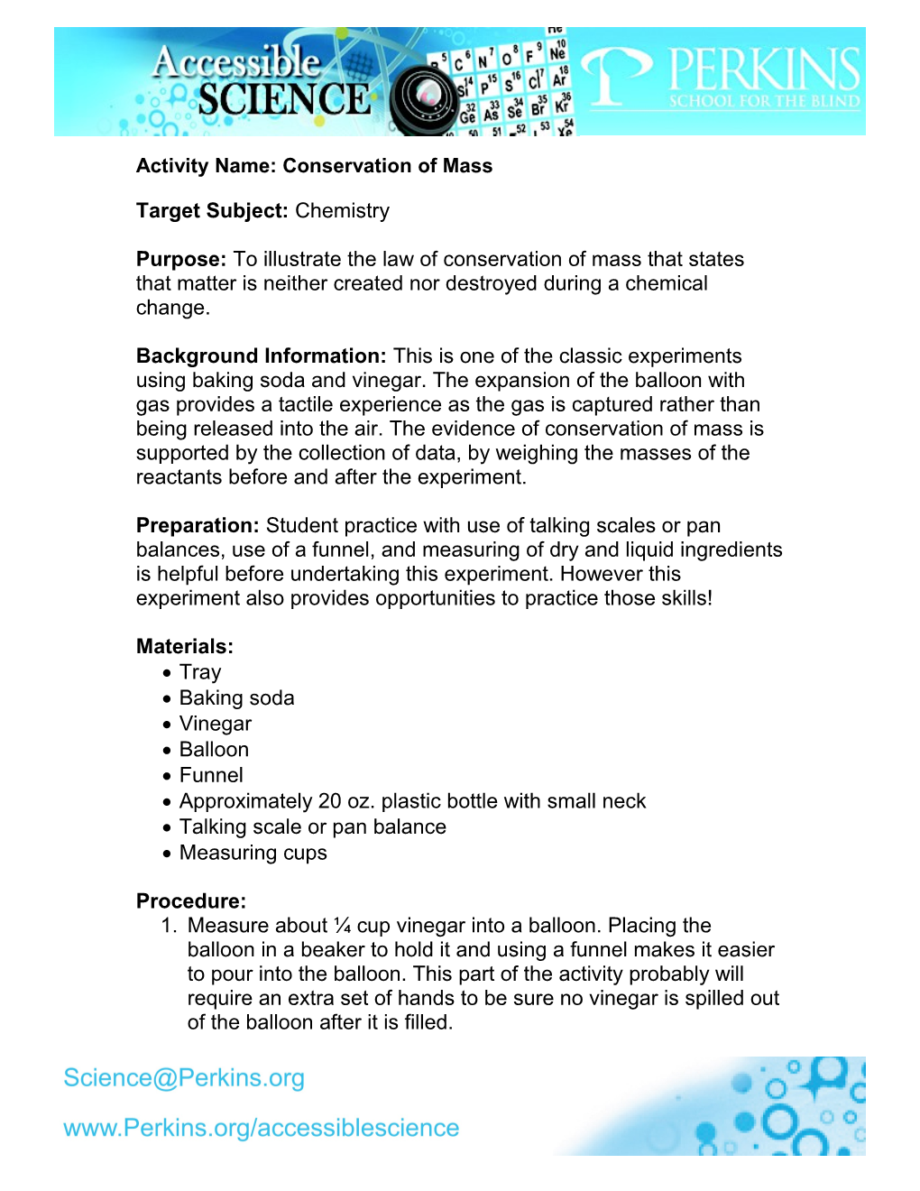 Activity Name: Conservation of Mass