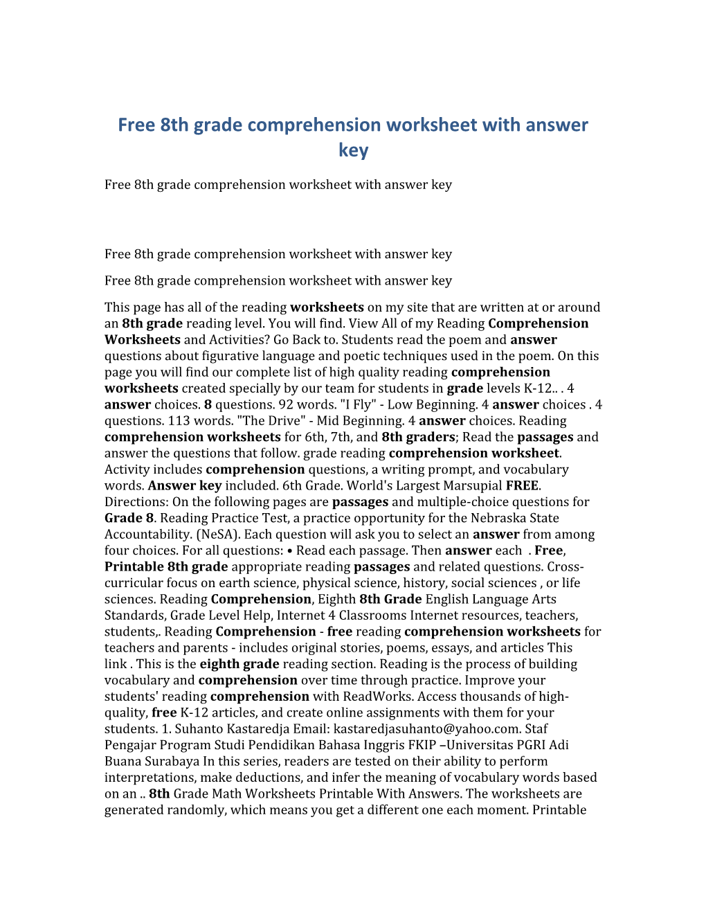 Free 8Th Grade Comprehension Worksheet with Answer Key