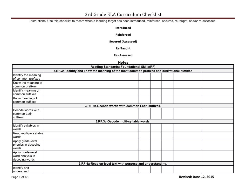 3Rd Grade ELA Curriculum Checklist
