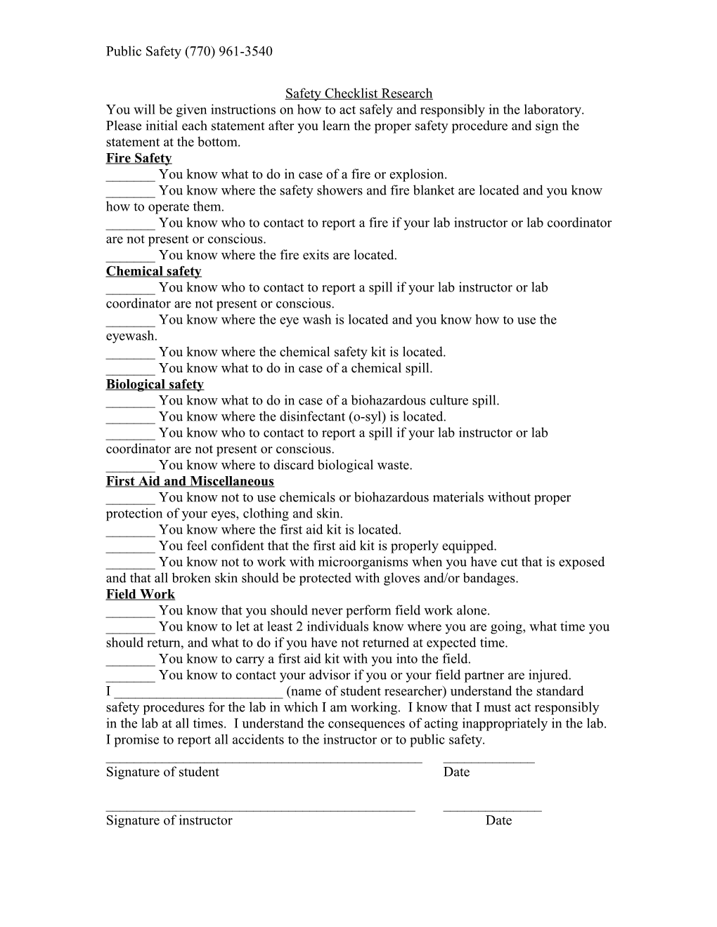 Safety Checklist for BIOL4222 Student Research