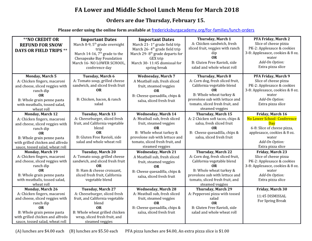 FA Lower and Middle School Lunch Menu for March 2018