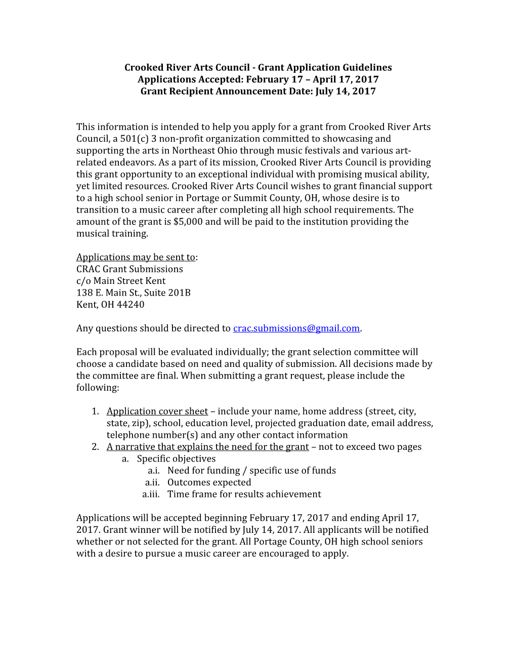 Crooked River Arts Council - Grant Application Guidelines