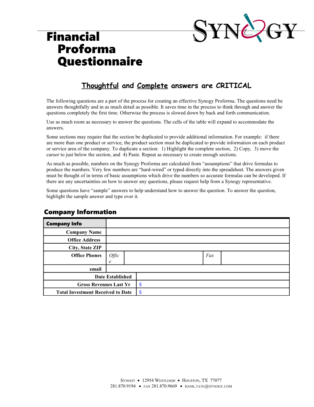 Synogy Financial Proforma Questionnaire