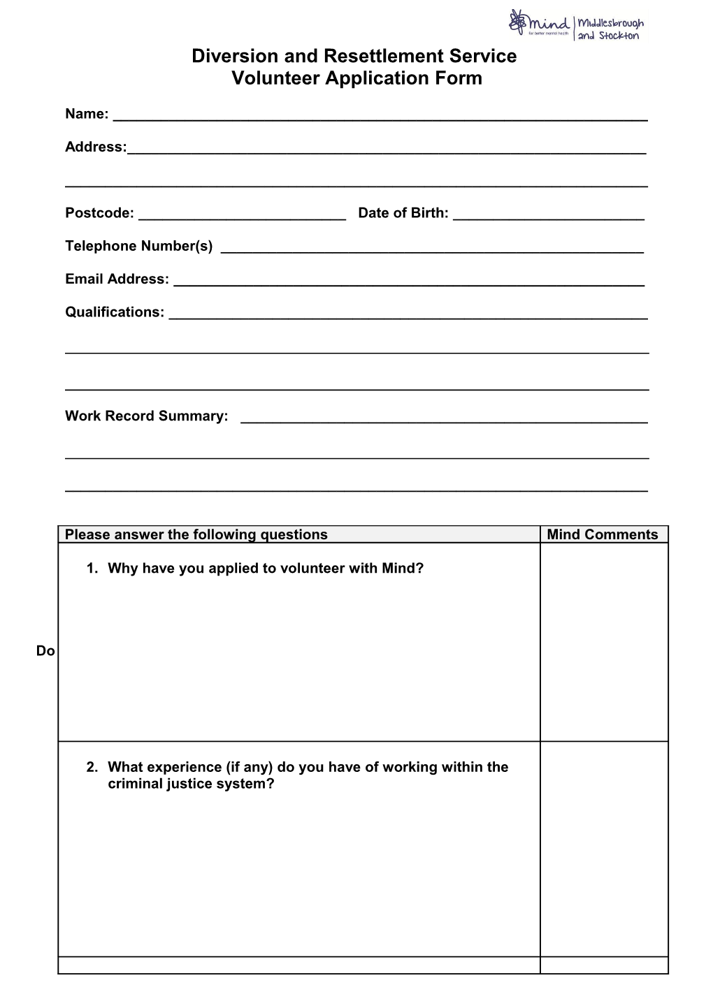 Middlesbrough Mind Application/Interview Form