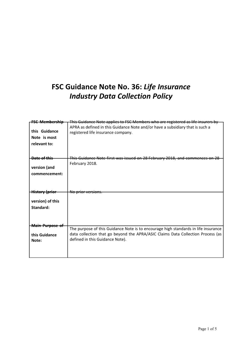 FSC Guidance Note No. 36:Lifeinsurance Industry Data Collection Policy