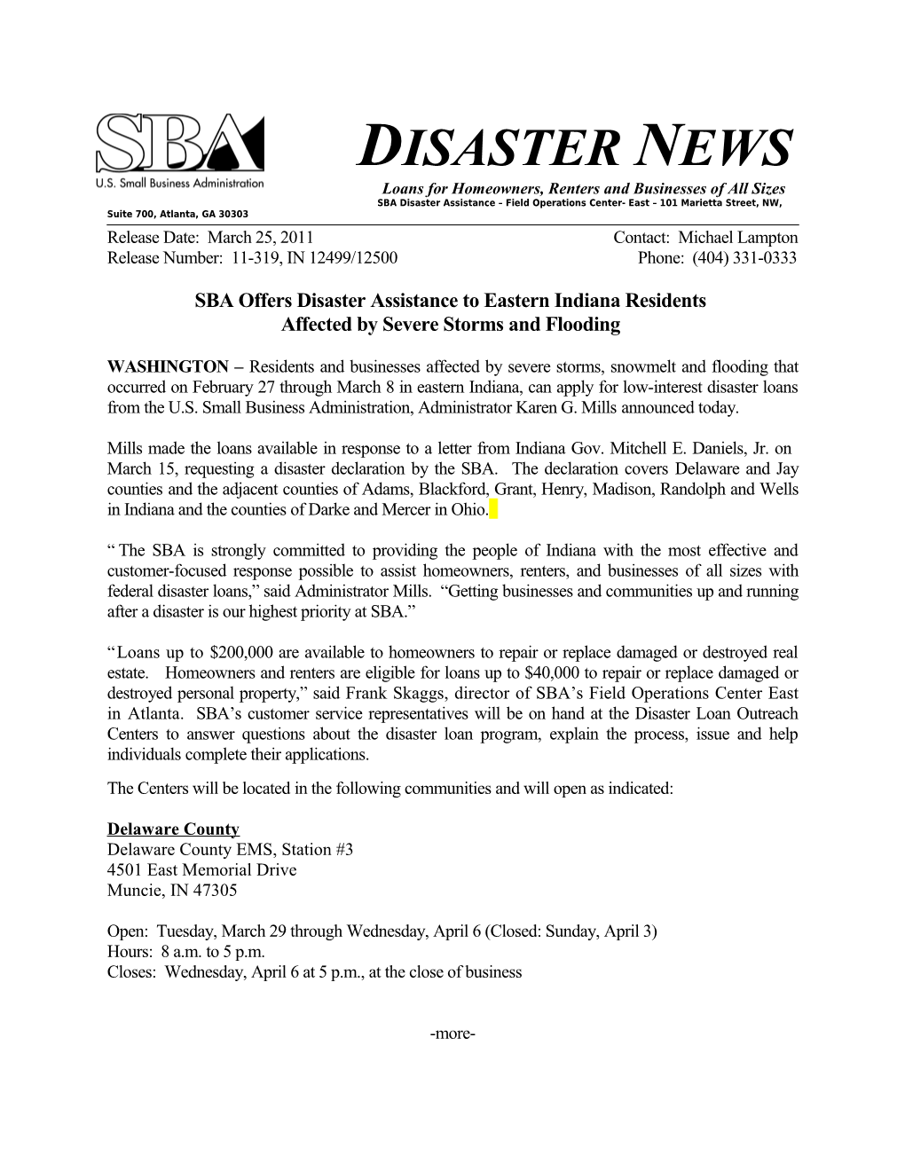 SBA Offers Disaster Assistance Toeastern Indiana Residents