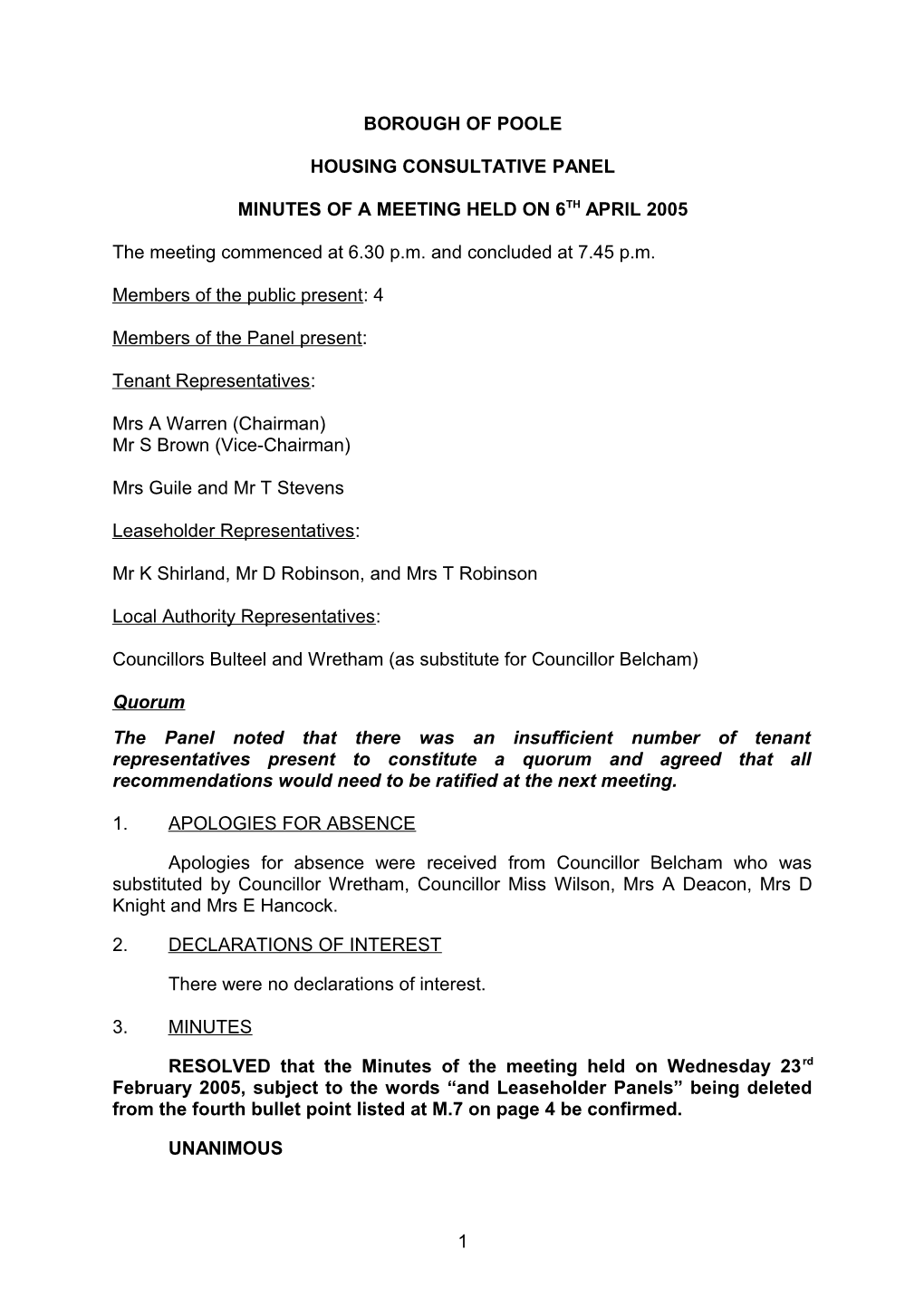 Minutes - Housing Consultative Panel - 6Th April 2005