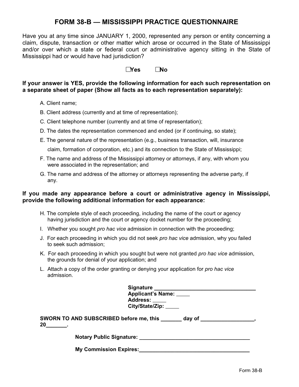 Form 38-B Mississippi Practice Questionnaire