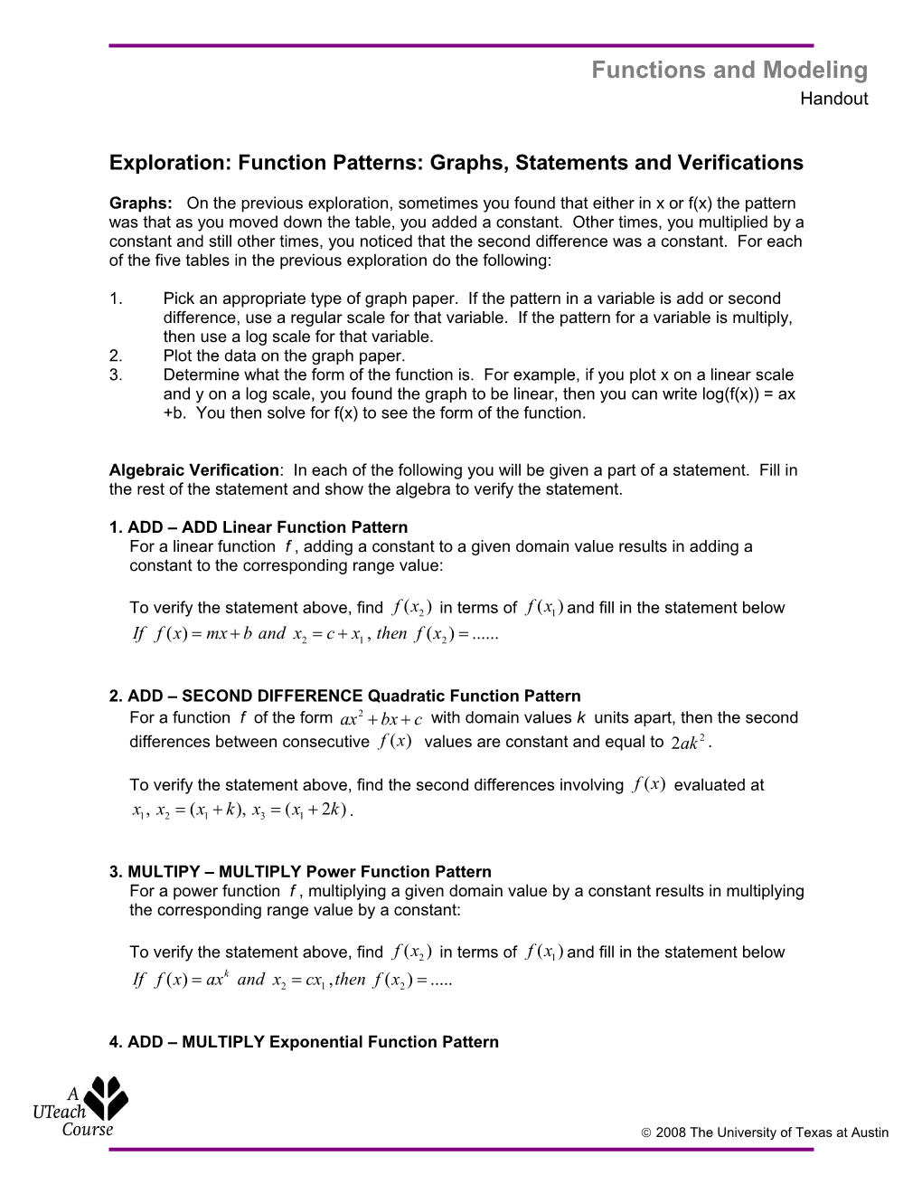 Exploration: Function Patterns: Graphs, Statements and Verifications