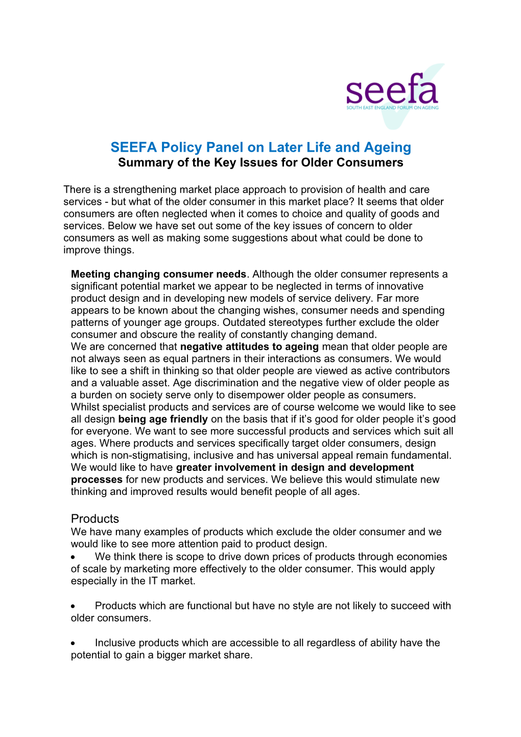 SEEFA Policy Panel on Later Life and Ageing