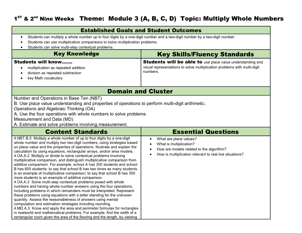 1ST & 2Nd Nine Weeks Theme: Module 3 (A, B, C, D) Topic:Multiply Whole Numbers