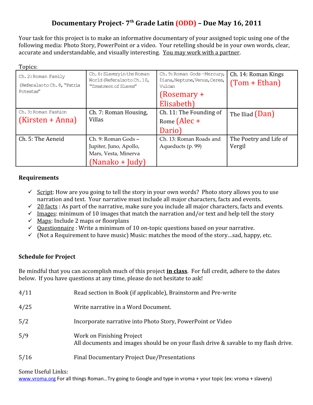 Documentary Project- 7Th Grade Latin (ODD) Due May 16, 2011