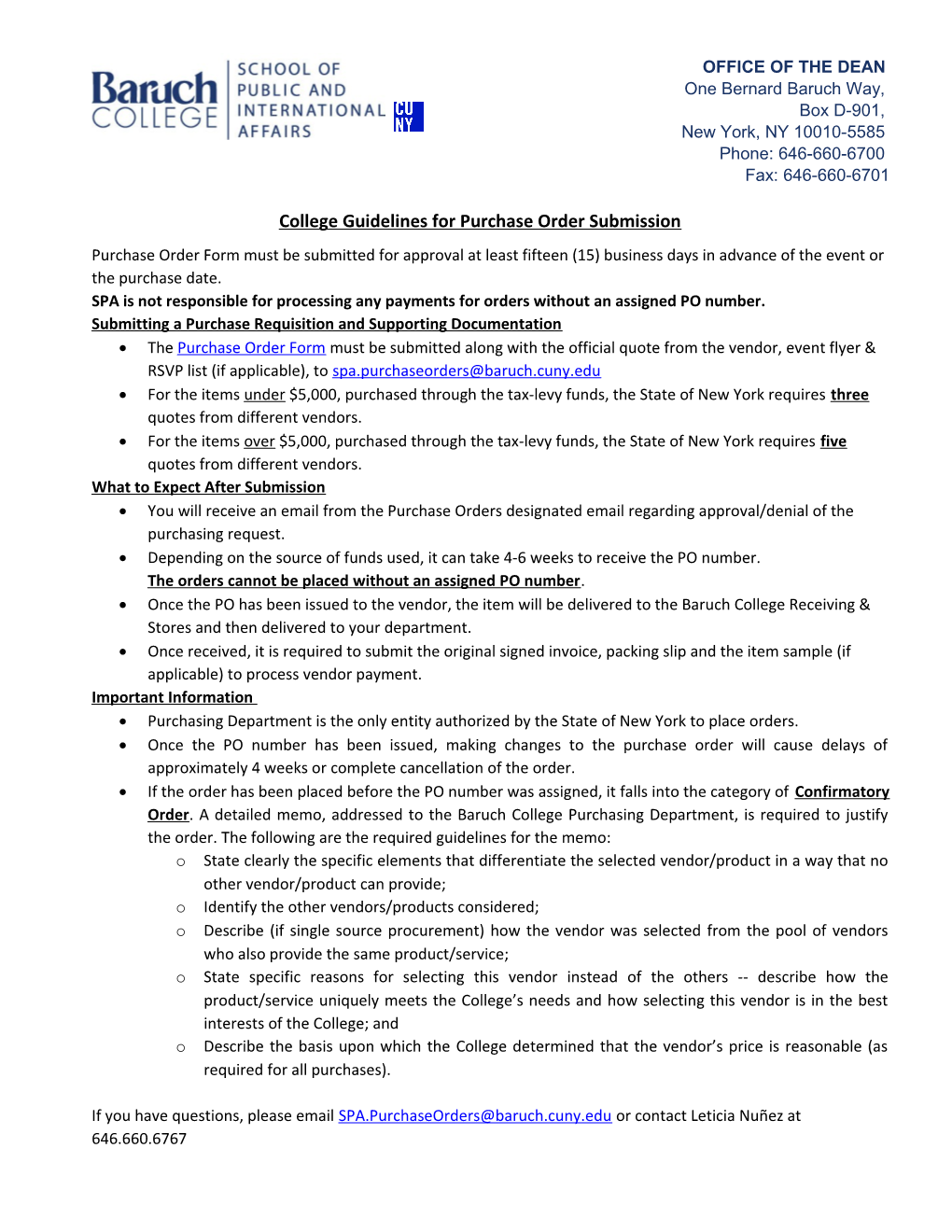 College Guidelines for Purchase Order Submission