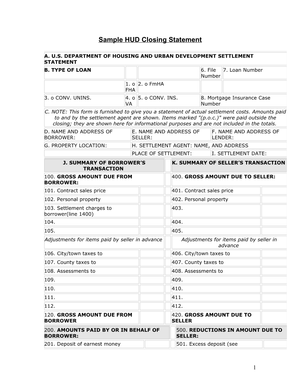 Sample HUD Closing Statement