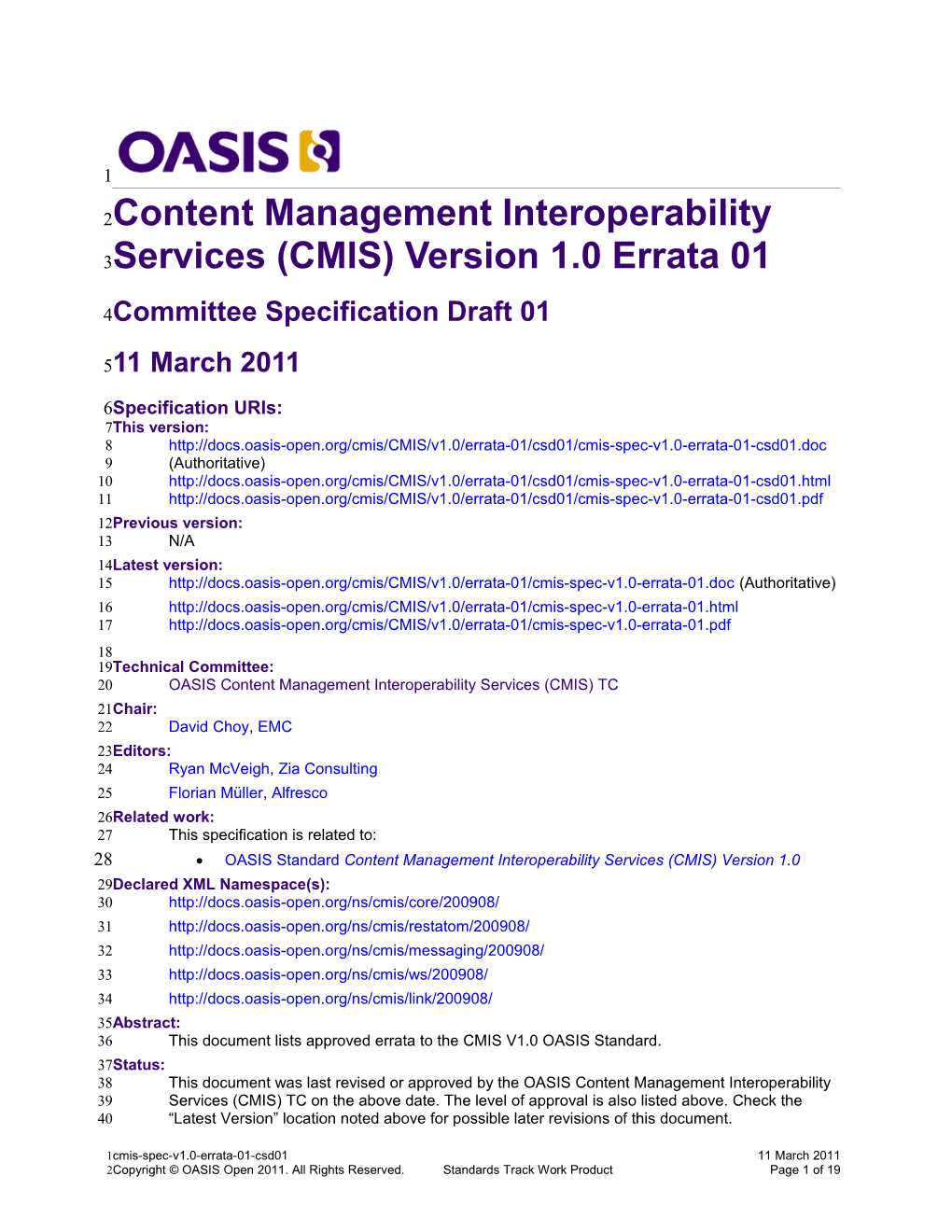 Content Management Interoperability Services (CMIS) Version 1.0 Errata 01