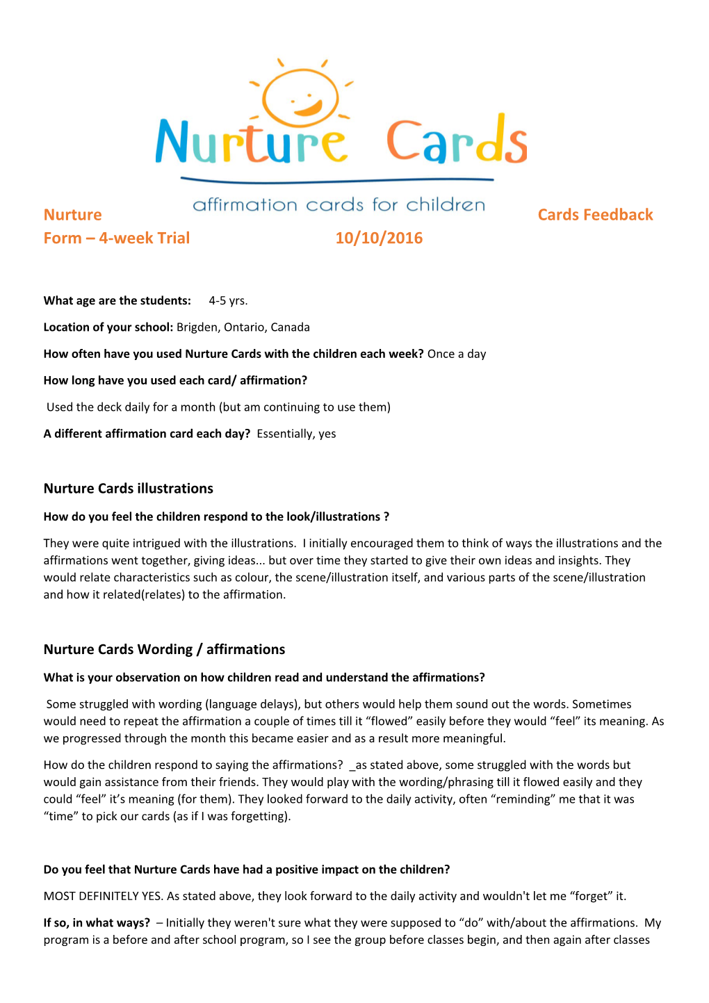 Nurture Cards Feedback Form 4-Week Trial 10/10/2016