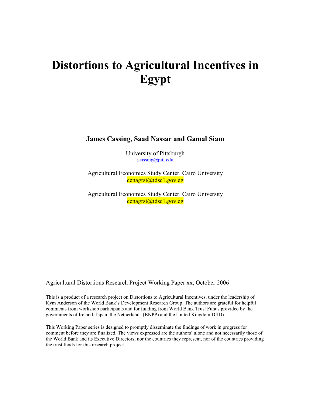 Distortions to Agricultural Incentives in Egypt