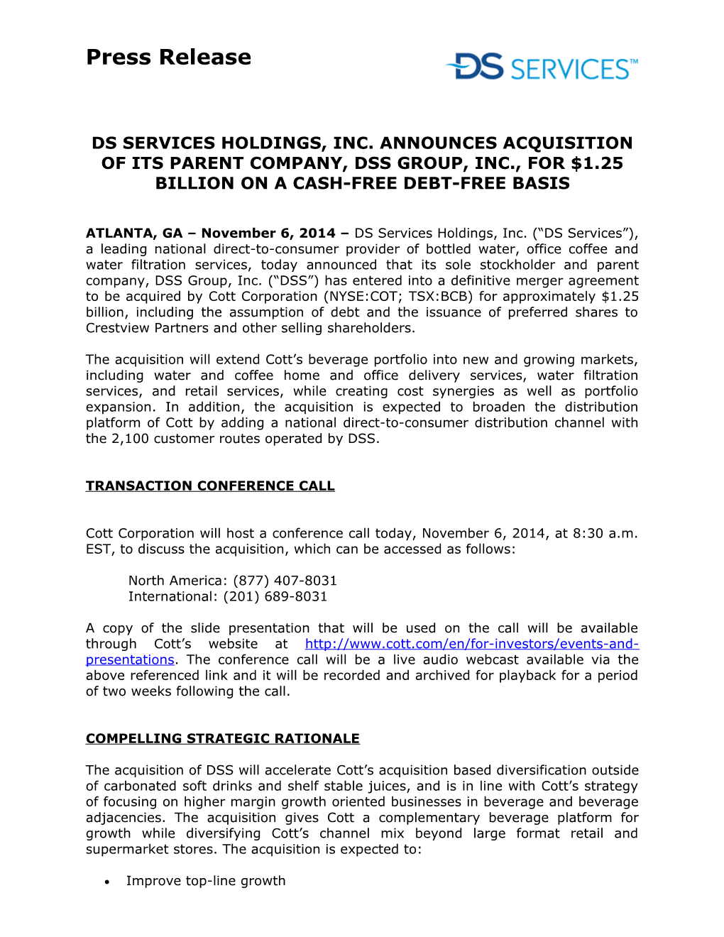 Ds Services Holdings, Inc. Announces Acquisition of Its Parent Company, Dss Group, Inc