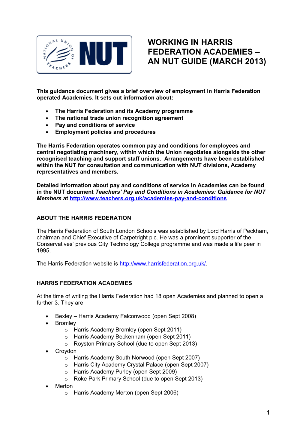 Working in Harris Federation Academies an Nut Guide (July 2011)