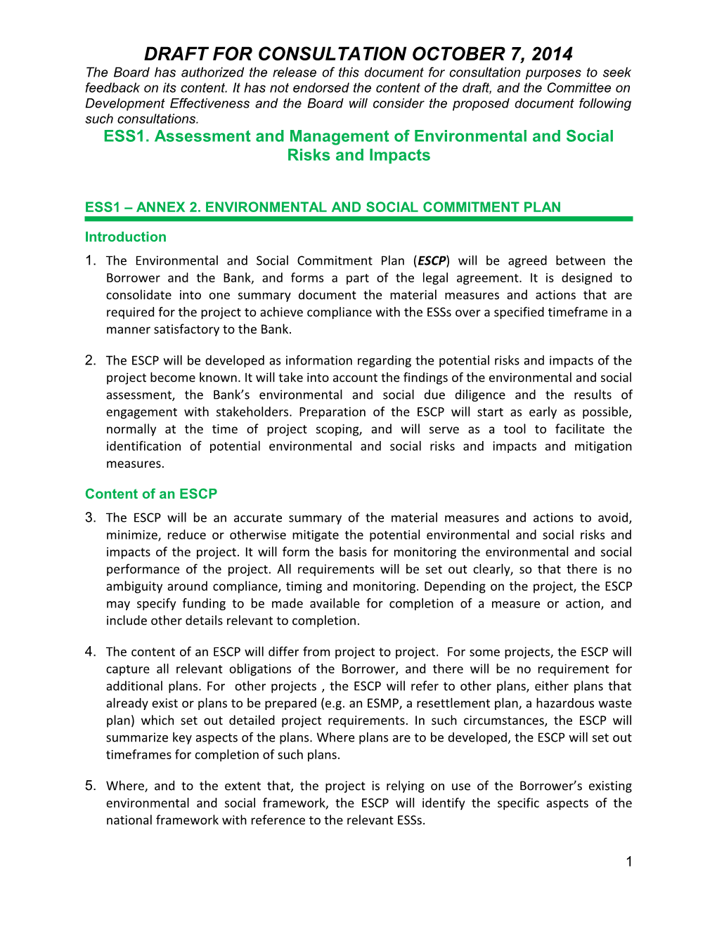 ESS1. Assessment and Management of Environmental and Social Risks and Impacts
