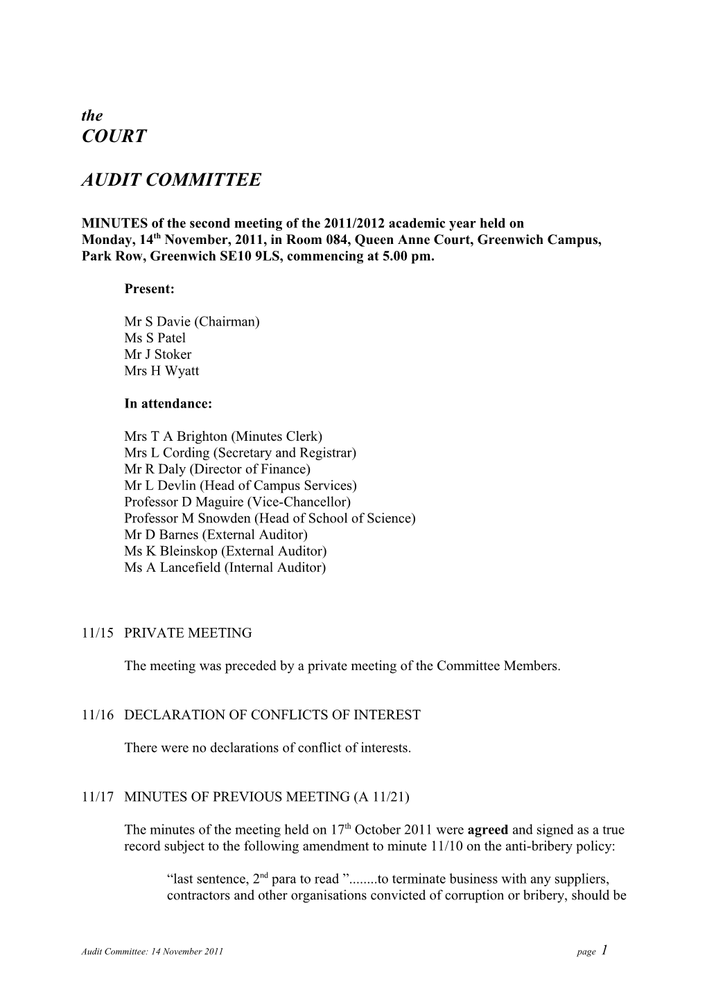 MINUTES of the Second Meeting of the 2011/2012 Academic Year Held On