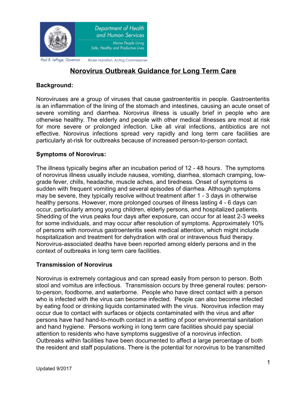 Norovirus Outbreak Guidance for Long Term Care